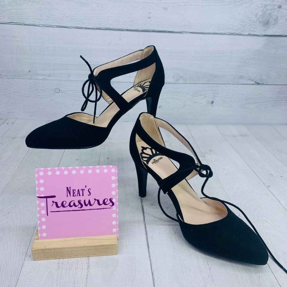 Fergalicious Black Pointed-Toe Lace-Up Heels